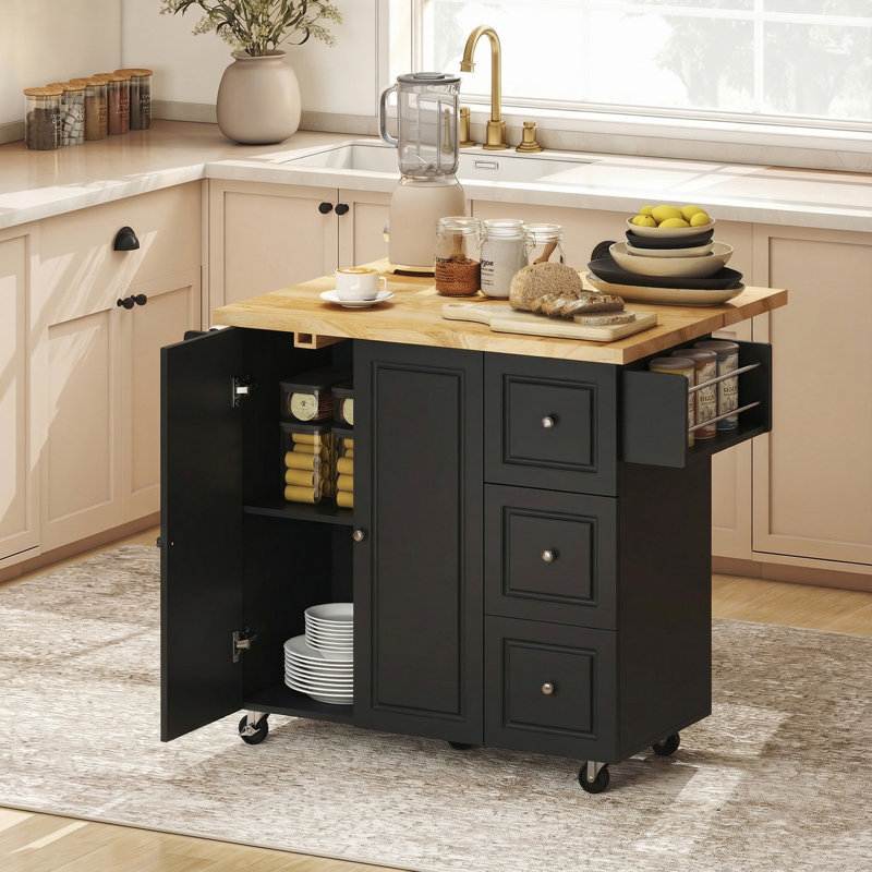 Solid Wood Top Kitchen Island, Black