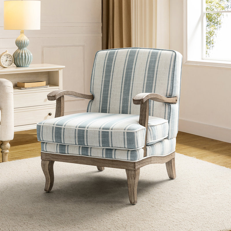 Peppone Country Wooden Upholstered Armchair with Solid Wood Armrests, Blue