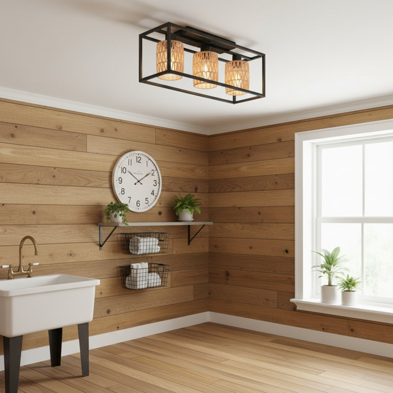 Flush Mount Ceiling Fixture Hand-Woven Rattan Farmhouse Style, 9.6" H x 24" W x 8.7" D