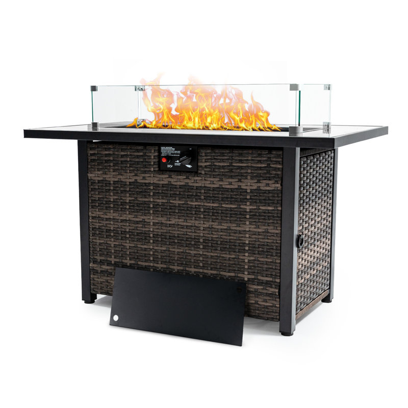 Outdoor Fire Pit 50,000 BTU Propane Gas Fire Table With Lid Fireplace With Glass Wind Guard Wicker Base For Garden, Patio, Backyard, 44"