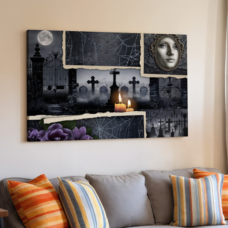 Toile, collage sombre et maussade de style gothique avec divers éléments, art mural Misty Graveyard, H 9 po x l 12 po