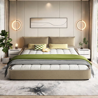 King Size Chenille Upholstered Platform Bed Frame, Adjustable Movable Cloud Pillow Headboard, Metal & Solid Wood Slat Support Bed, Curved Anti-Collision Edge, No Box Spring Required