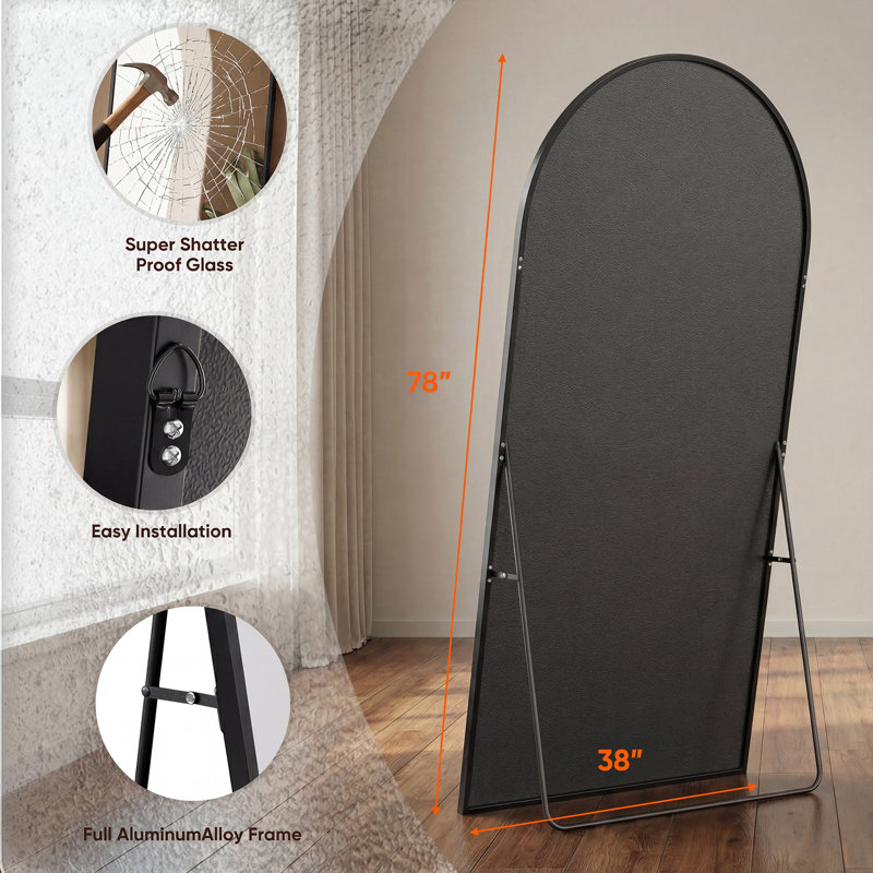 Miroir surdimensionné arqué en métal surdimensionné, Noir, 78 po x 38 po
