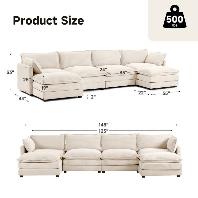 Redenius 6-Piece 148'' Upholstered U-Shape Sectional, Beige Corduroy