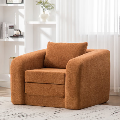 Lit en chenille orange pliable de 40 po avec coussin assorti et fonction 2 en 1, pour accoudoirs convertibles simples avec dortoir, oreiller, canapé-lit, salon, chambre à coucher
