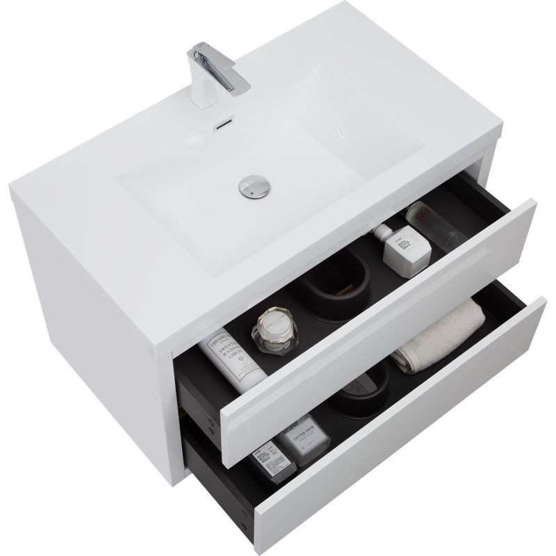 Meuble-lavabo mural blanc / beige de 36 po / 48 po avec lavabo, rangement, plateau blanc brillant en résine de pierre et tiroirs à fermeture en douceur