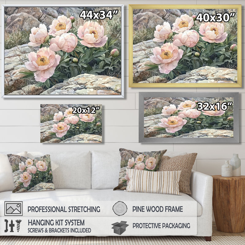 Insafes pivoines dans les contreforts rocheux II - pivoines, art mural, H 12 po x l 20 po, Impression encadrée flottante