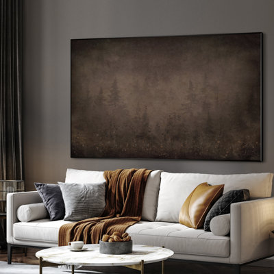 Très grande reproduction d'art sur toile - Silhouette d'arbre rustique forêt de pin foncé avec fond brumeux, décoration pour le salon ou la chambre à coucher