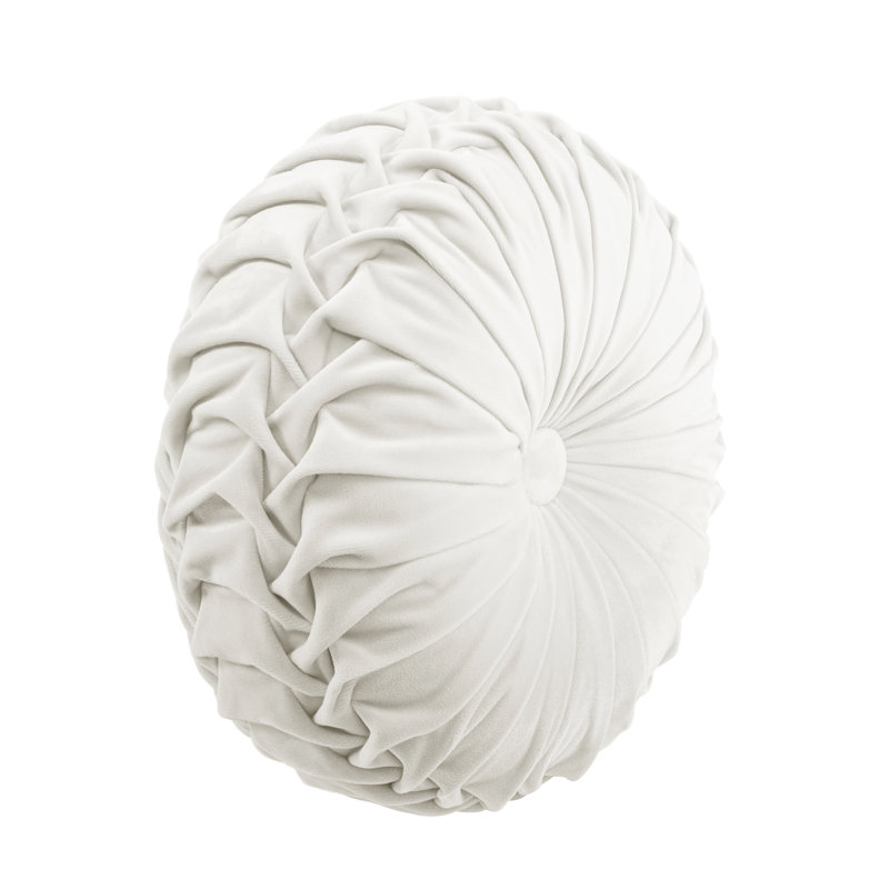 White Round Pleated Velvet Decorative Throw Pillow, 15 Inch