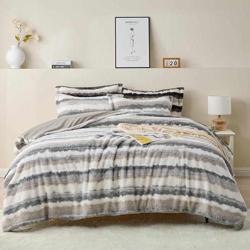 Ensemble de housse de couette en fausse fourrure Simple & Opulence, Gris, Housse de couette grand et 2 taies d'oreiller stan