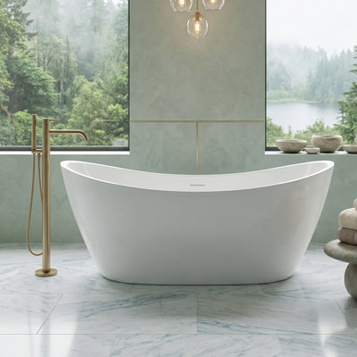 Baignoire autoportante 59 po en acrylique brillant blanc 59 po avec trop-plein encastré et drain central - Baignoire de trempage profilée moderne