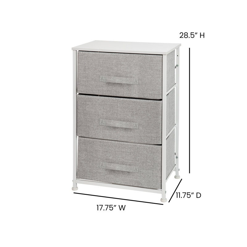 Colne 3 Drawer Vertical Storage Dresser with Wood Top & Fabric Pull Drawers, White/Light Gray
