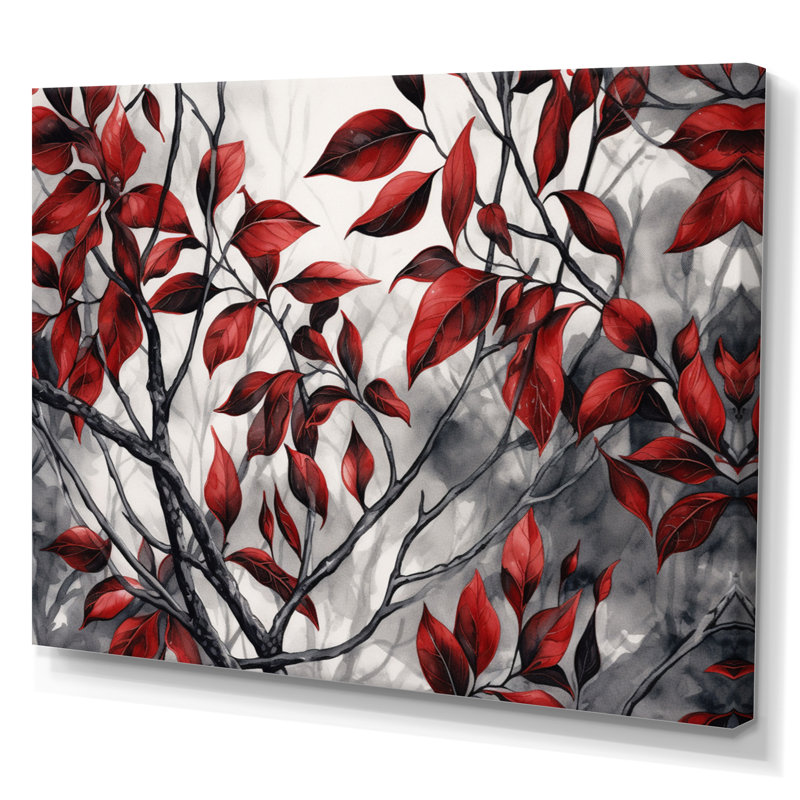Imprimé de feuilles rouges et grises sur un arbre VI, H 16 po x l 32 po x P 1 po, Toile tendue