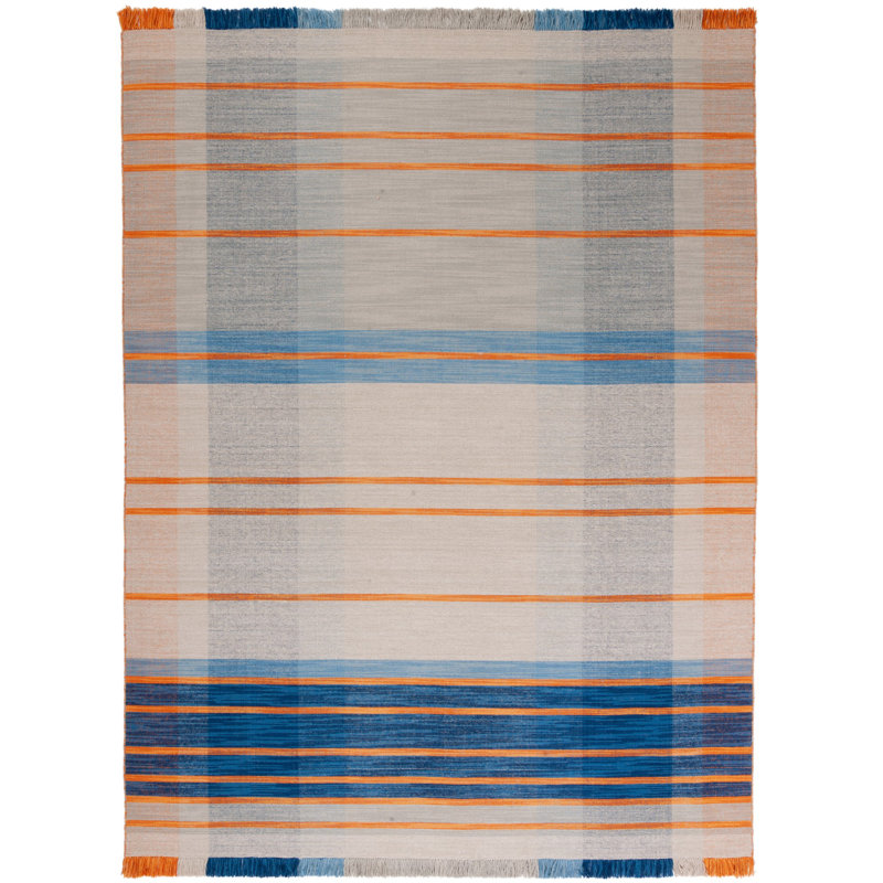 Anjail Flat Weave Wool/Cotton Plaid Rug in Orange/Blue, Rectangle 9' x 12'