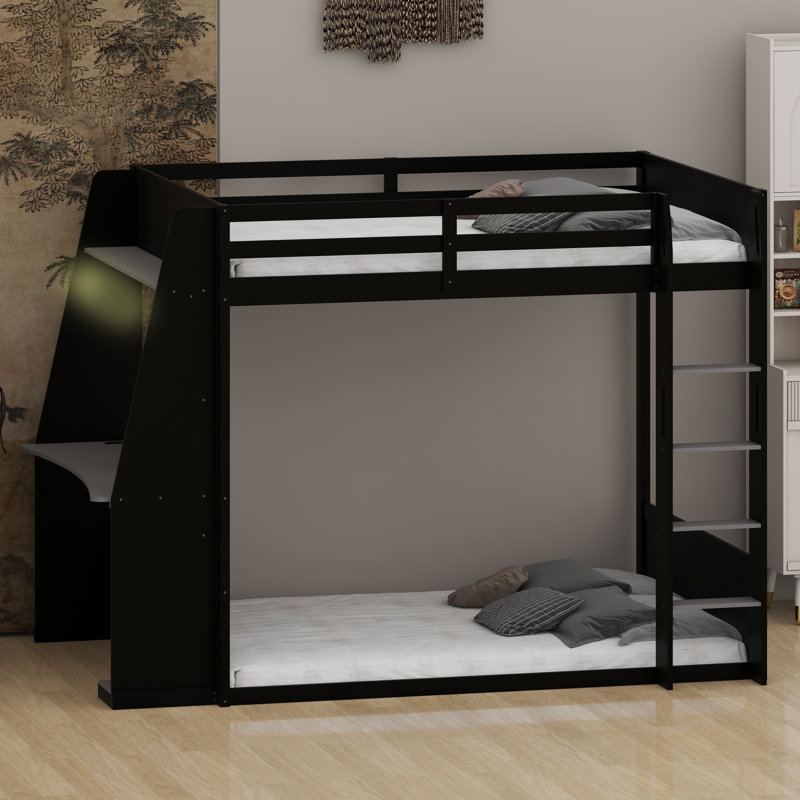 Lit superposé de jeu avec bureau intégré, tablettes de rangement, charge USB et lumière DEL, Lit double, Noir + gris