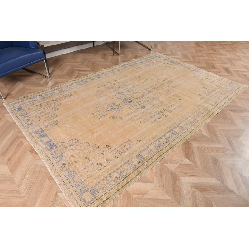 Grand tapis turc beige Anatolian rétro avec un motif tribal en laine Oushak, idéal pour le salon