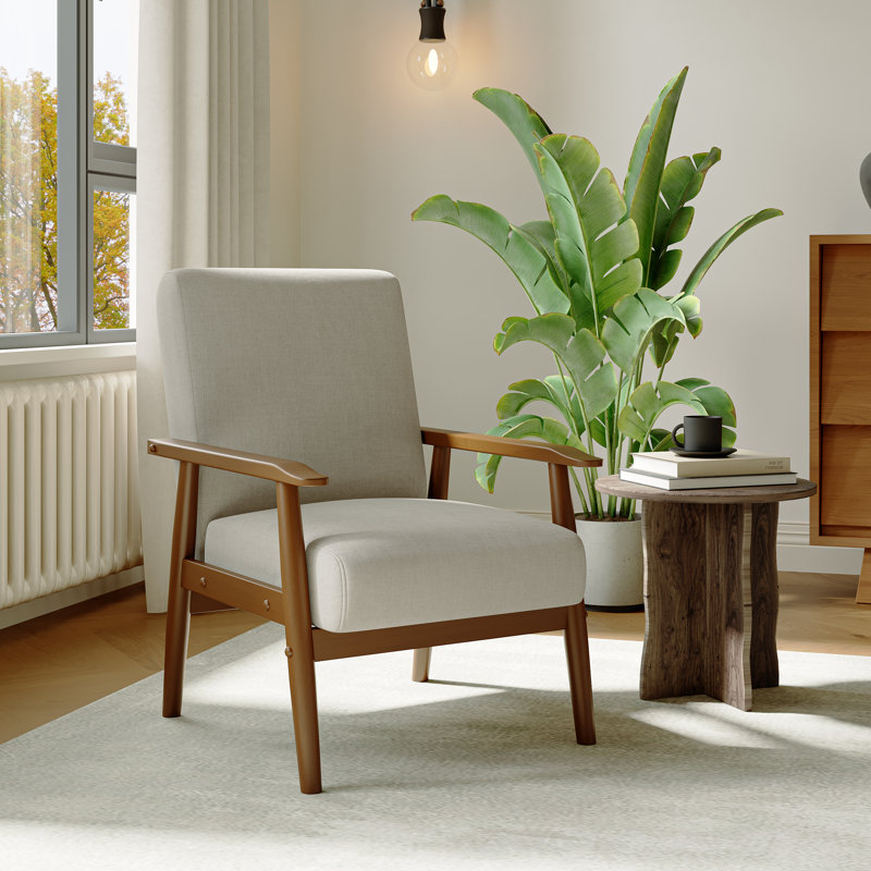 Bridgeview Linen Upholstered Accent Chair, Armchair with Solid Wood Frame, White Linen