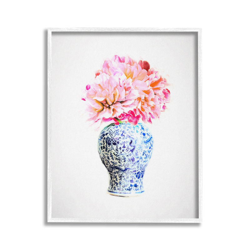Dahlia avec vase oriental, estampe numérique par GraffiTee Studios, H 20 po x l 16 po, Giclée encadrée blanc bord de mer