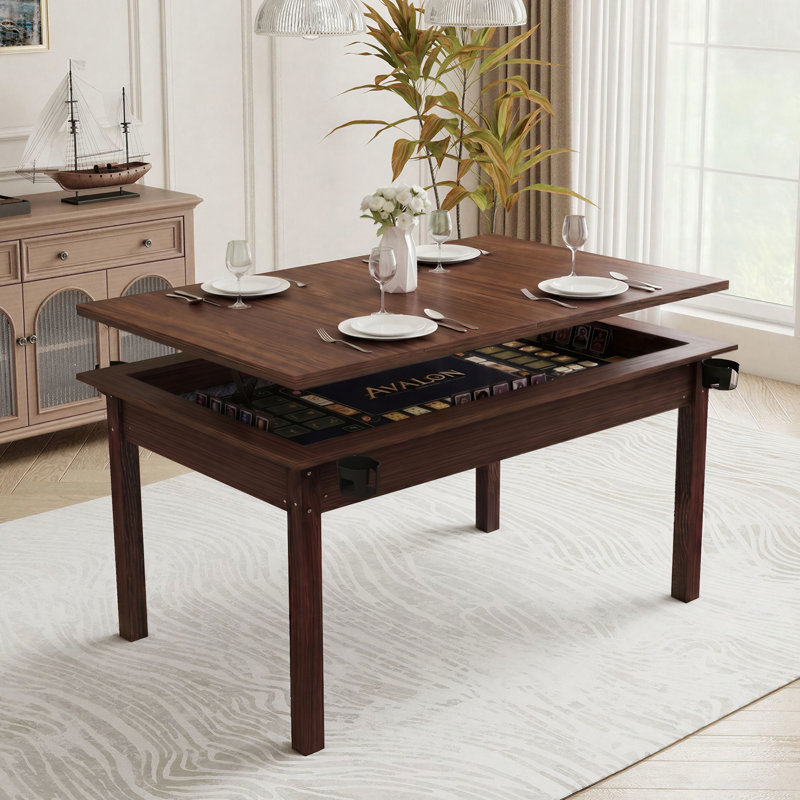Table de salle à manger 63 "2 en 1 pour 6 joueurs, table de salle à manger convertible avec plateau amovible, tables de poker / casino avec tapis de jeu en feutre et porte-gobelets rotatifs, brun rustique