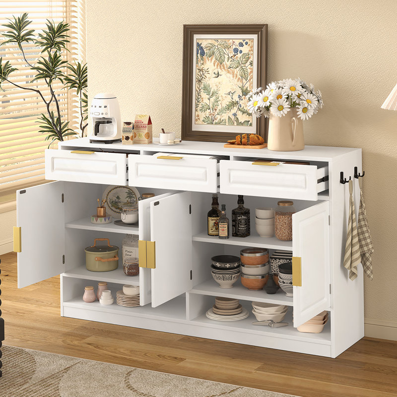 Buffet avec 3 tiroirs et 4 portes, buffet de rangement avec tablette réglable et compartiments de rangement ouverts, Blanc