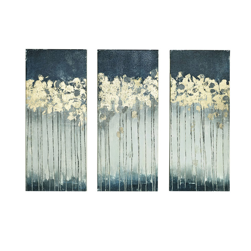 3 toiles d'art murales dorées, thème abstrait, l 15 po x H 35 po, bleu foncé et bleu sarcelle, toile, 3, 15 po 35 po, bleu sarcelle, création