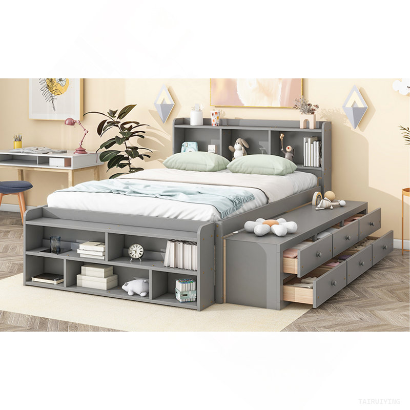 Lit double avec tête de lit bibliothèque, tiroirs de rangement sous le lit et étui de rangement à bout de lit, gris, Gris