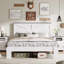 Tête de lit blanche avec cadre de grand lit, lit plateforme en bois, bruit, pas de sommier tapissier, assemblage facile, design industriel, look simple et moderne, espace de rangement avec style