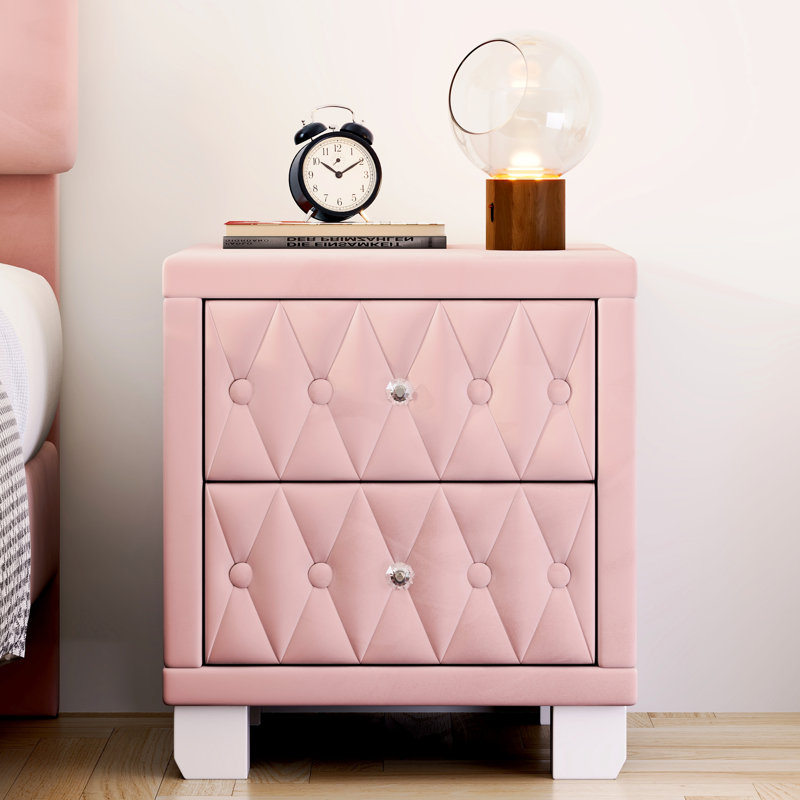 Elegant Pink Button - Nightstand With 2 Crystal Adorned Drawers, Bedroom Storage Option Velvet Bedside Table Handles, And Timeless Look