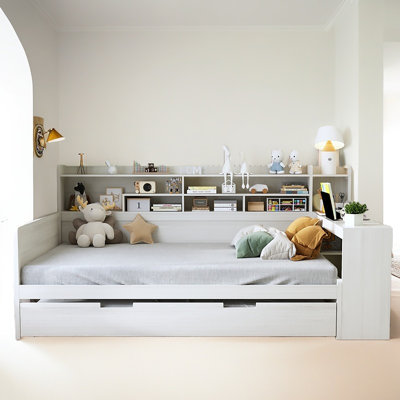 Multifunctional Modern Wooden Full Size Daybed With Storage Shelves, Study Desk And Twin Trundle Bed, by Hokku Designs