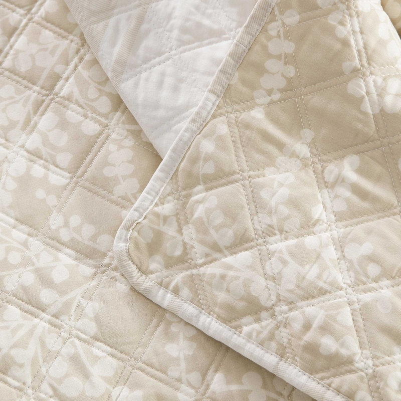 Martha Stewart Layered Branches Cotton Reversible Beige Quilt Set, Queen Quilt