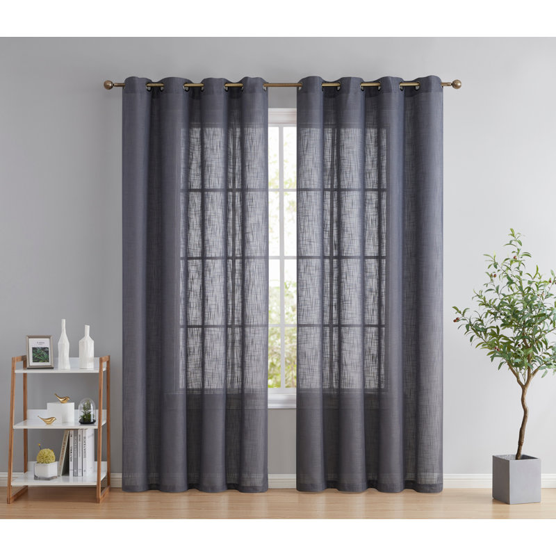 Aleksander Faux Linen Semi Sheer Grommet Curtain Pair, 54" W x 72" L, Charcoal Gray