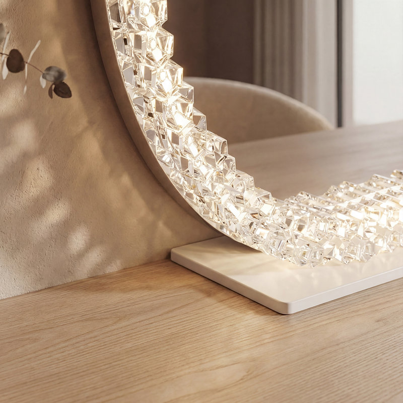 Miroir de salle de bain demi-lune éclairé en cristal avec luminosité réglable, modes DEL à 3 couleurs et base en fer stable