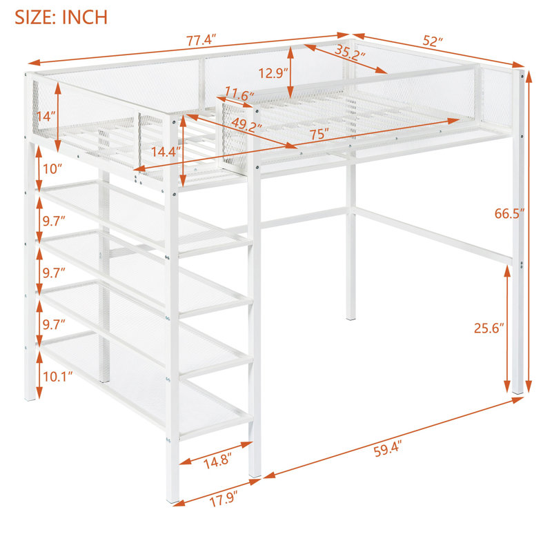 Lit mezzanine simple en métal avec tablettes de rangement à 4 niveaux - Lit mezzanine en métal pour enfants et adolescents peu encombrant