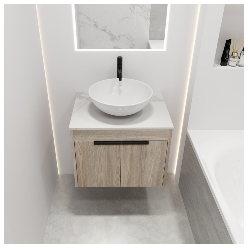 Meuble-lavabo flottant 24 po en chêne blanc avec lavabo intégré en céramique et tiroirs à fermeture en douceur, Brun, Vasque