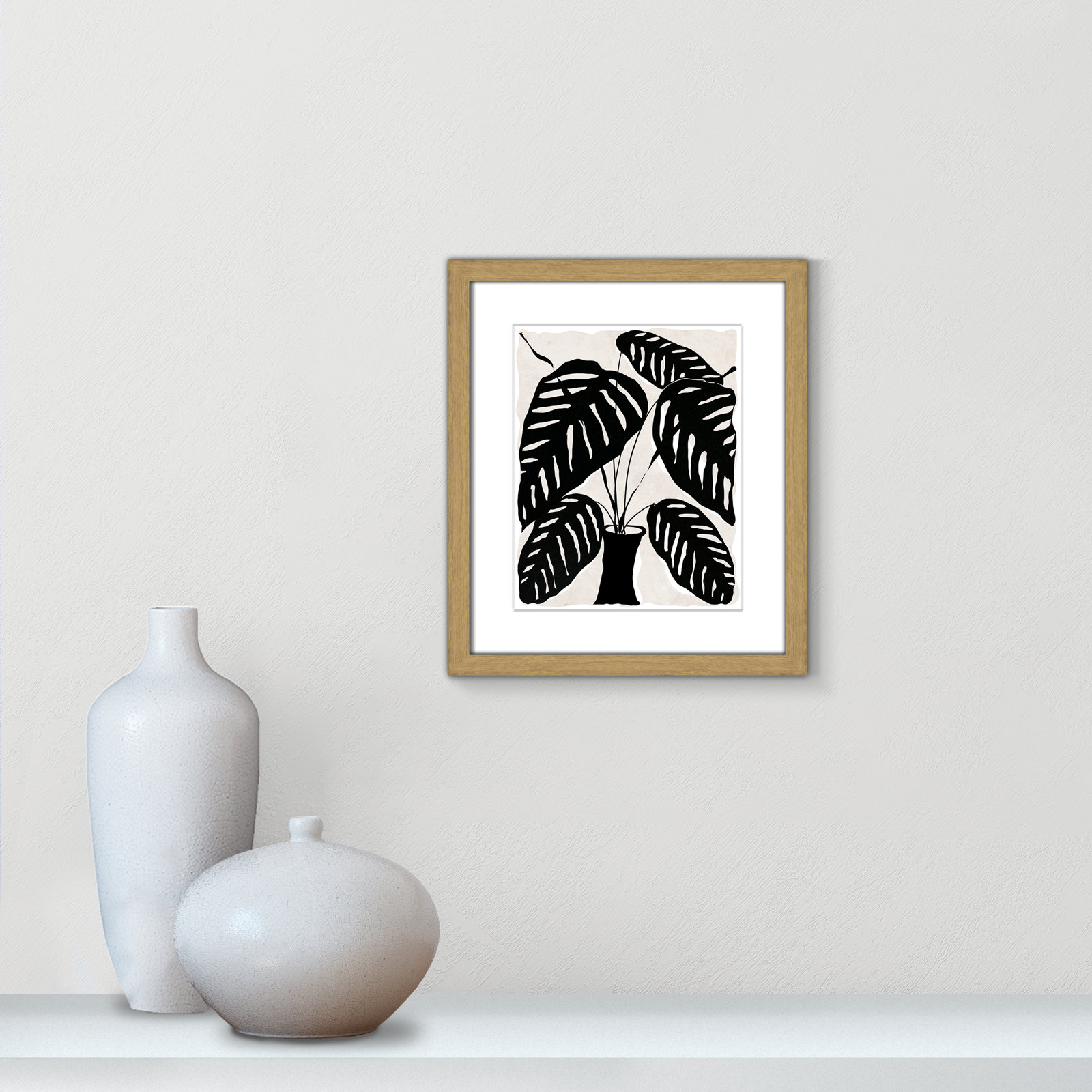 Black and White Potted Plant I Print, Natural Framed, 15" H x 13" W x 0.75" D