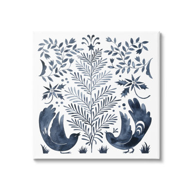 «Tranquil Blue Birds Botanical Holiday Tree Design», estampe numérique encadrée noire, art texturé par Grace Popp