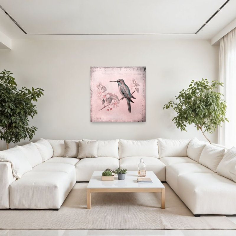 Affiche murale colibri en fleurs vintage, de style contemporain, représentant un colibri., 48" H x 48" W