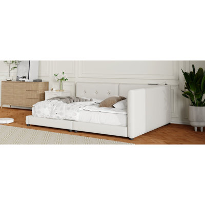 Lit tapissier grand avec structure robuste et confortable en lin beige