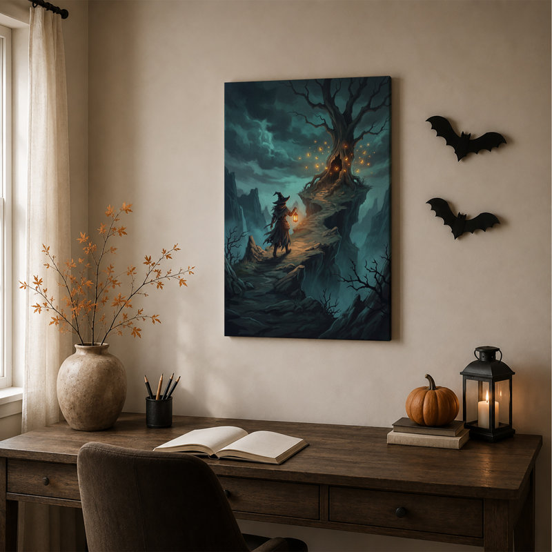 Magicien à la lanterne près d'un arbre illuminé au bord d'une falaise - Toile murale d'Halloween, 36"H x 24"W