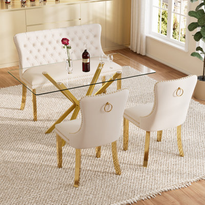 Ensemble de table de salle à manger rectangulaire pour 4-6 personnes avec banc, table de cuisine moderne en verre trempé et chaises avec fauteuil capitonné en velours pour la salle à manger, petit espace, appartement