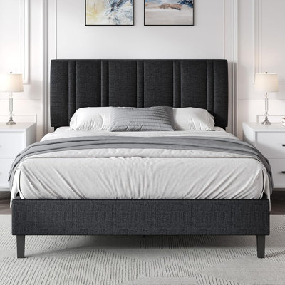 Tête de lit capitonnée, lits plateforme tapissiers avec support en lattes de bois, structure de lit en tissu