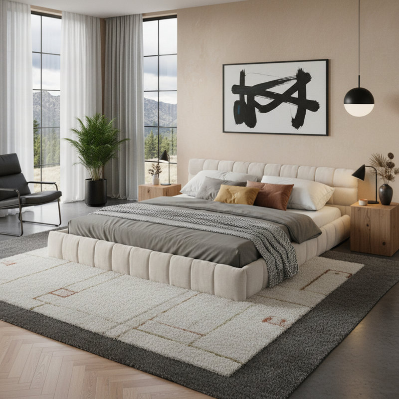 Très grande base de lit tapissier avec tissu chenille épais, Beige