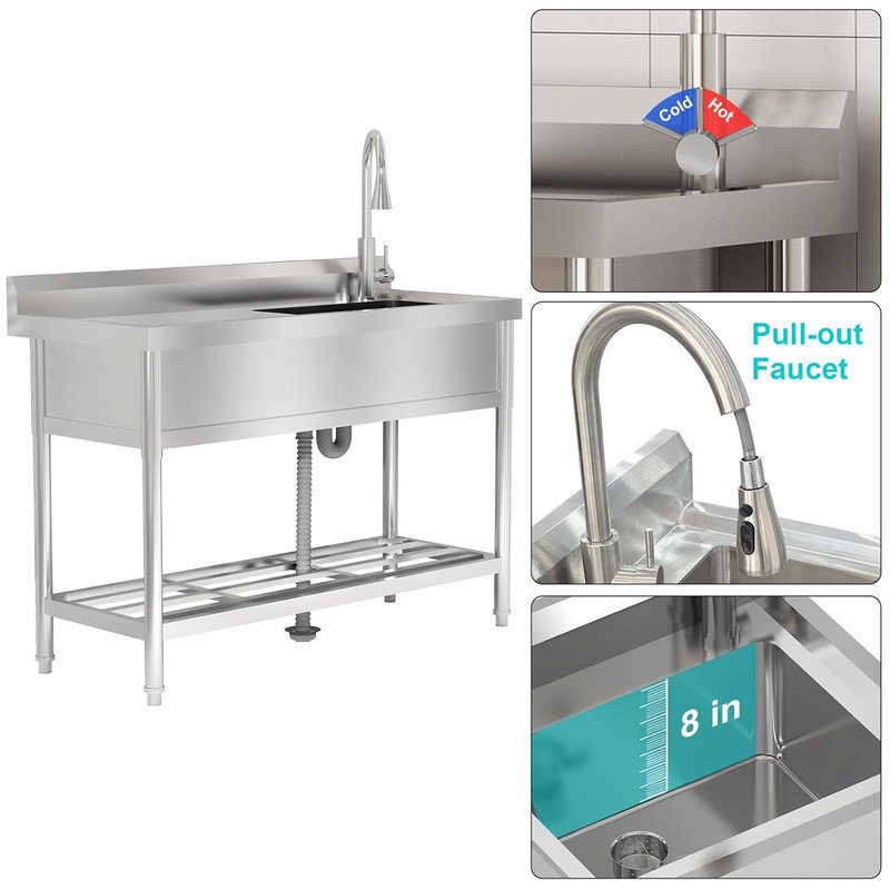 Stainless Steel Utility Sink, 47x37 Inch Commercial Freestanding Single Bowl Kitchen Sink with Countertop, Pull-Out Faucet, Hot Cold Water Pipes & Storage Shelf for Laundry Garage