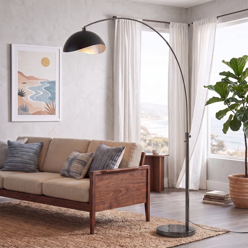 Lampe à arc 92 po Luna Bella - nickel noir, base en nickel noir, demi-dôme en acier noir mat / argenté, à intensité variable, ampoule incluse