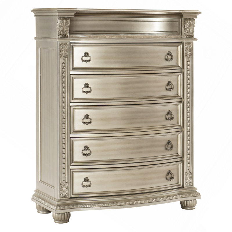 Silver Finish European Design 1Pc Luxury Storage Chest With 5 Drawers Genuine Marble Insert Traditional Bedroom Furniture