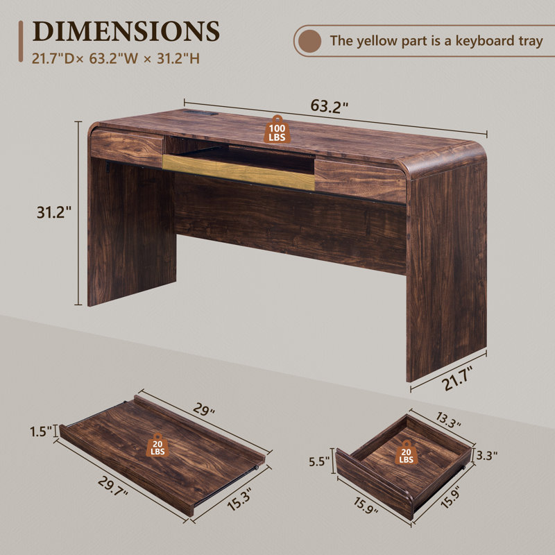 Bureau d'ordinateur moderne Maud de 63 po avec 2 tiroirs de rangement, bureau d'écriture avec plateau pour clavier et prise de courant pour bureau à domicile Maud