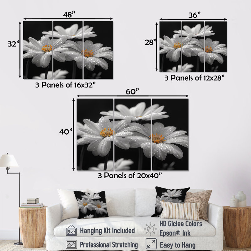 Monochromes noir et blanc «Bliss Daisy Photo III» - impression d'art mural marguerites, Toile tendue