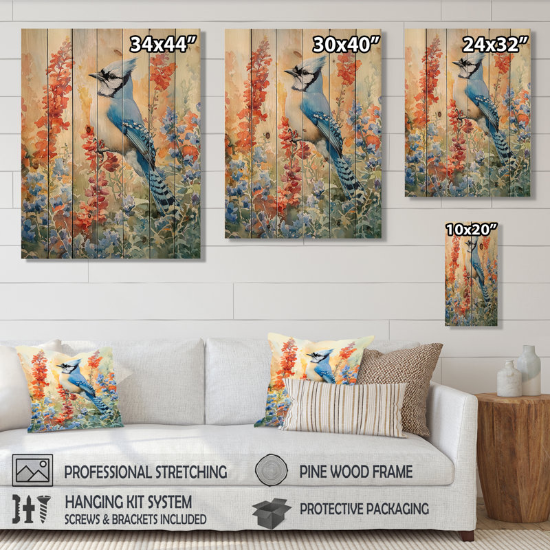 Blue Jay In The Summer Garden I - Bird Wood Wall Decor - On Natural Pine Wood, 40" H x 30" W x 0.78" D