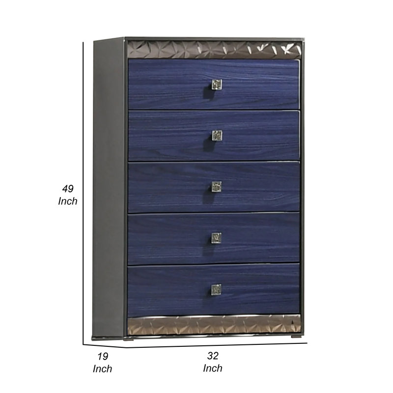 Commode haute à 5 tiroirs Zara, gris cendré et bois bleu indigo