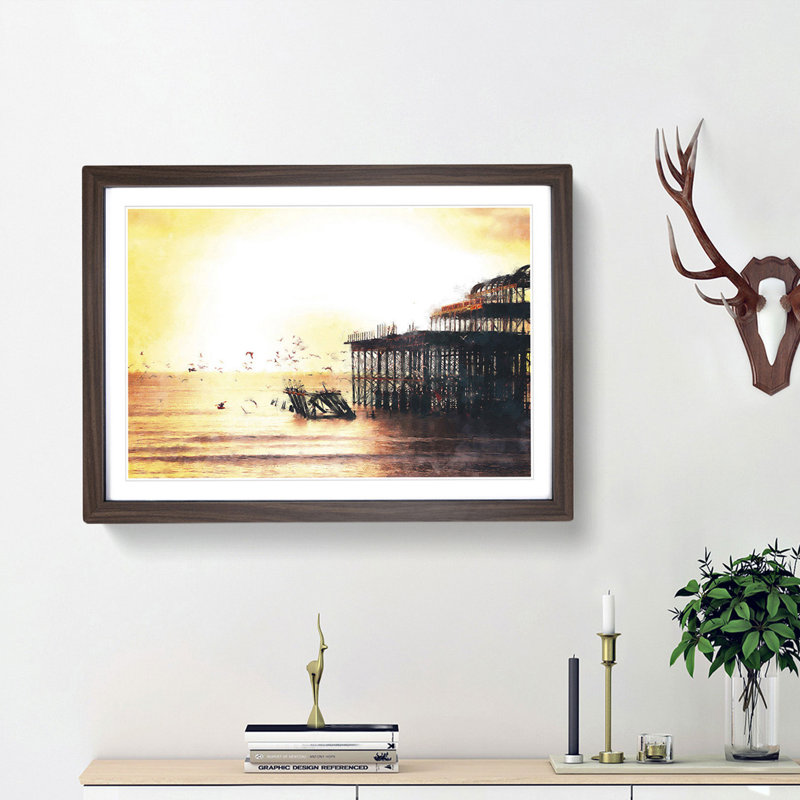 The West Pier on Brighton Beach - Picture Frame Painting Print, Walnut Framed, 24cm H x 33cm W x 2cm D
